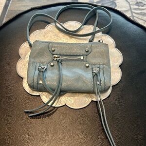 Botkier Dusty Blue Leather Crossbody with Front Zip and Tassels